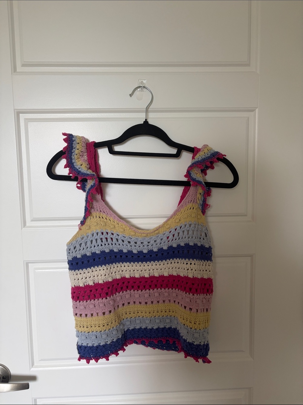 Blu Pepper Striped Crochet Ruffle Strap Tank - Pink, Blue, Yellow, Cream